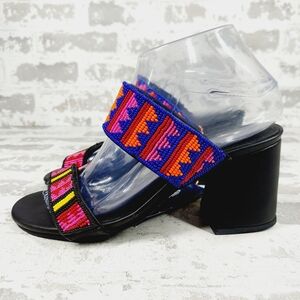 Farm Rio Black Vegan Leather Beaded Block Heel Slide On Sandals